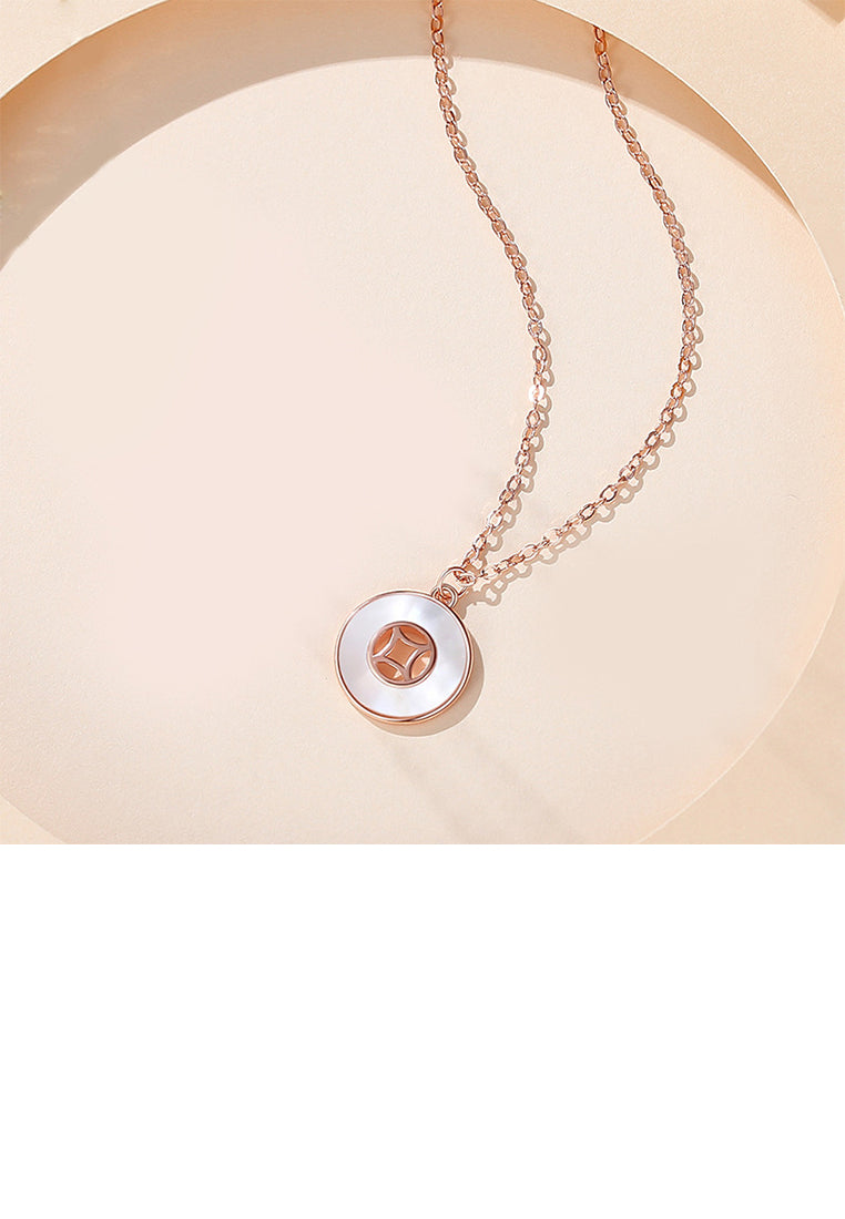 925 Sterling Silver Plated Rose Gold Simple and Fashion Copper Coin Mother-of-pearl Pendant with Necklace