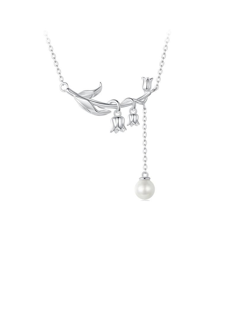 925 Sterling Silver Fashion and Elegant Lily Of The Valley Tassel Imitation Pearl Pendant with Necklace - Luxurious Look