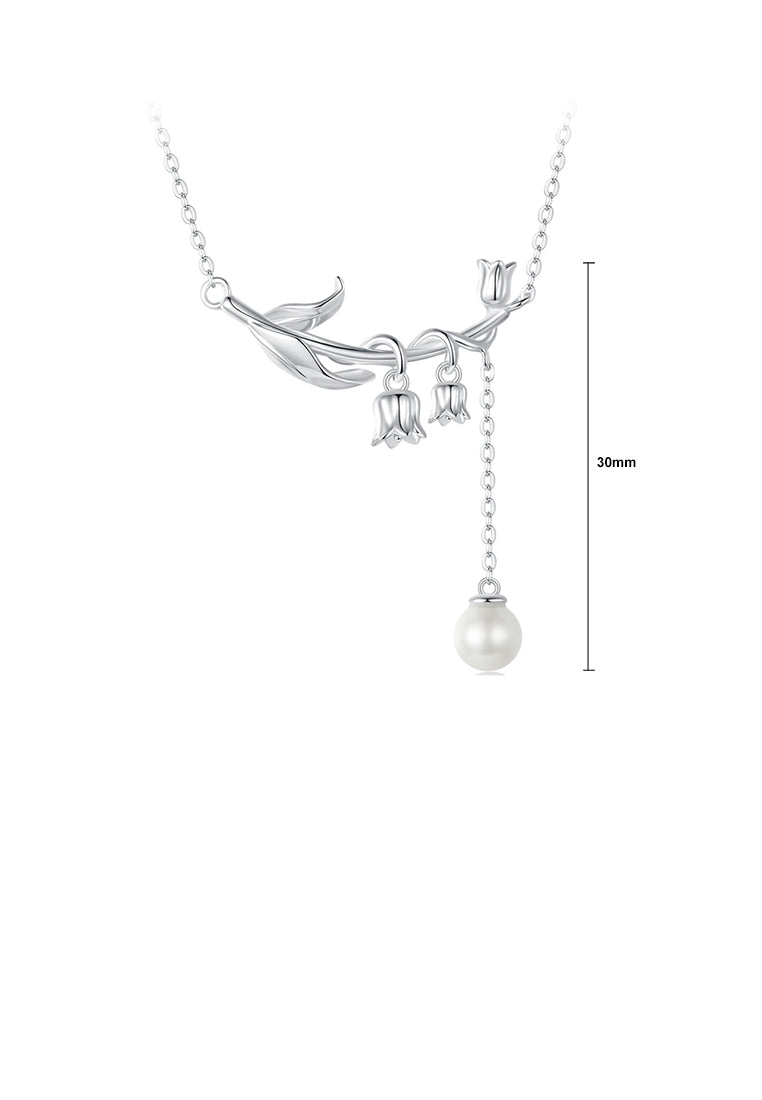 925 Sterling Silver Fashion and Elegant Lily Of The Valley Tassel Imitation Pearl Pendant with Necklace - Luxurious Look