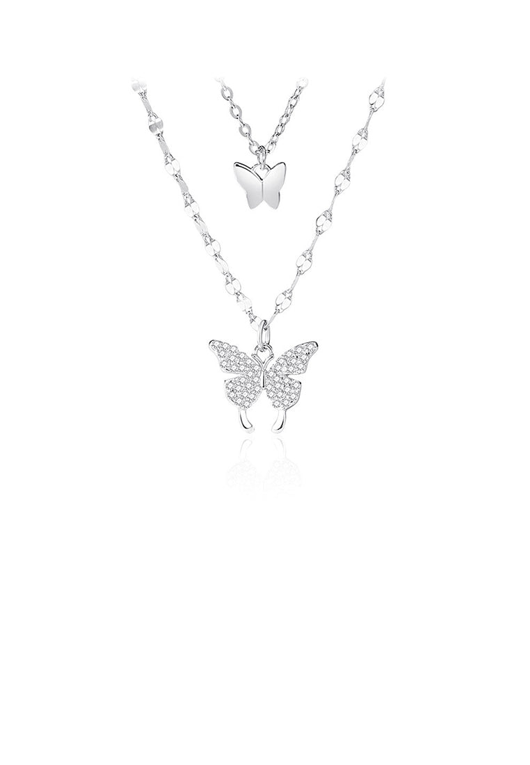 925 Sterling Silver Fashion Butterfly Pendant with Cubic Zirconia and Double Layer Necklace - Luxurious Look