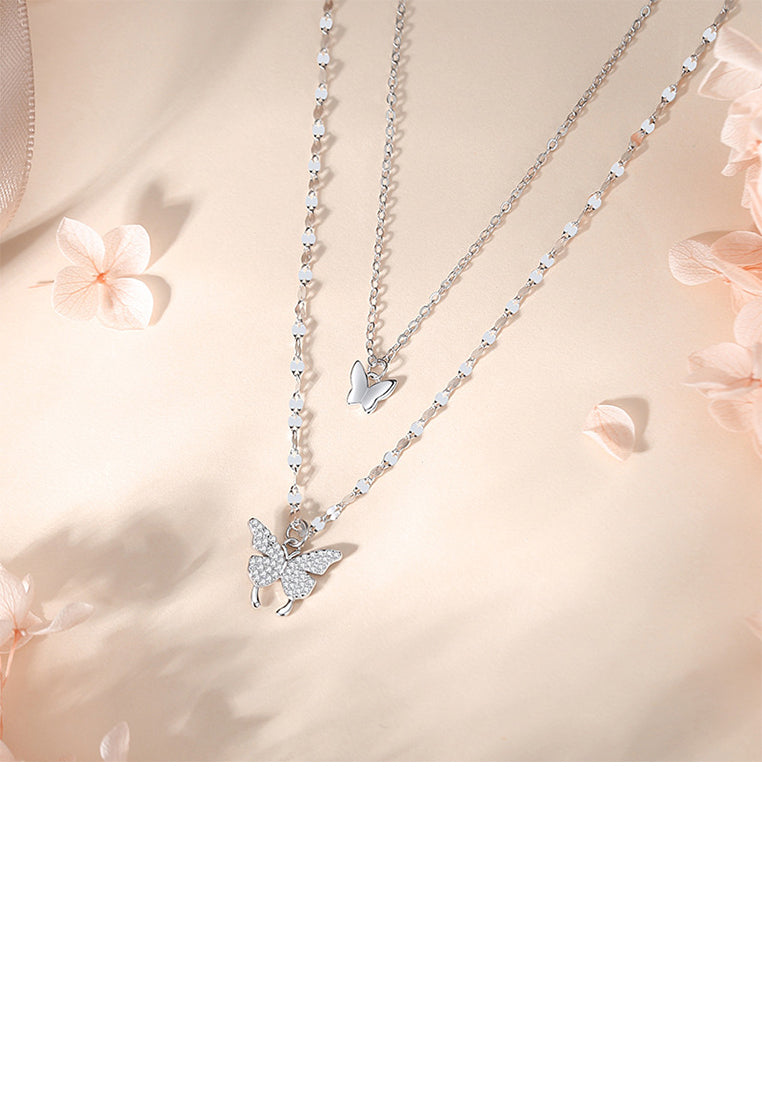925 Sterling Silver Fashion Butterfly Pendant with Cubic Zirconia and Double Layer Necklace - Luxurious Look