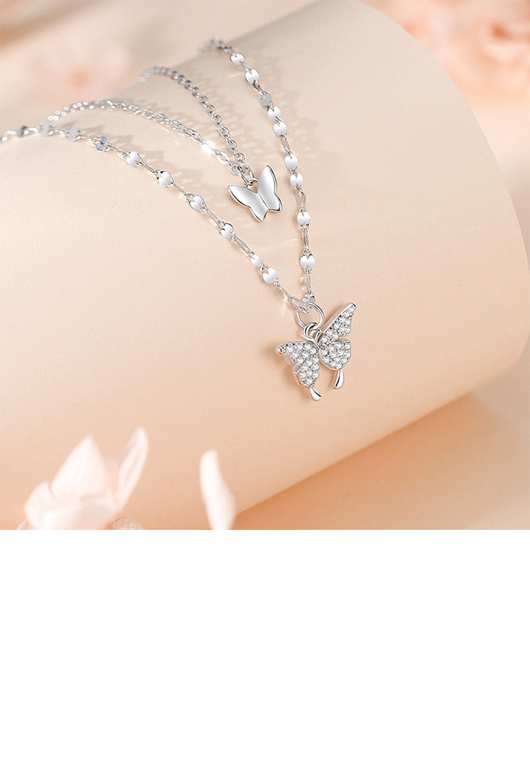 925 Sterling Silver Fashion Butterfly Pendant with Cubic Zirconia and Double Layer Necklace - Luxurious Look