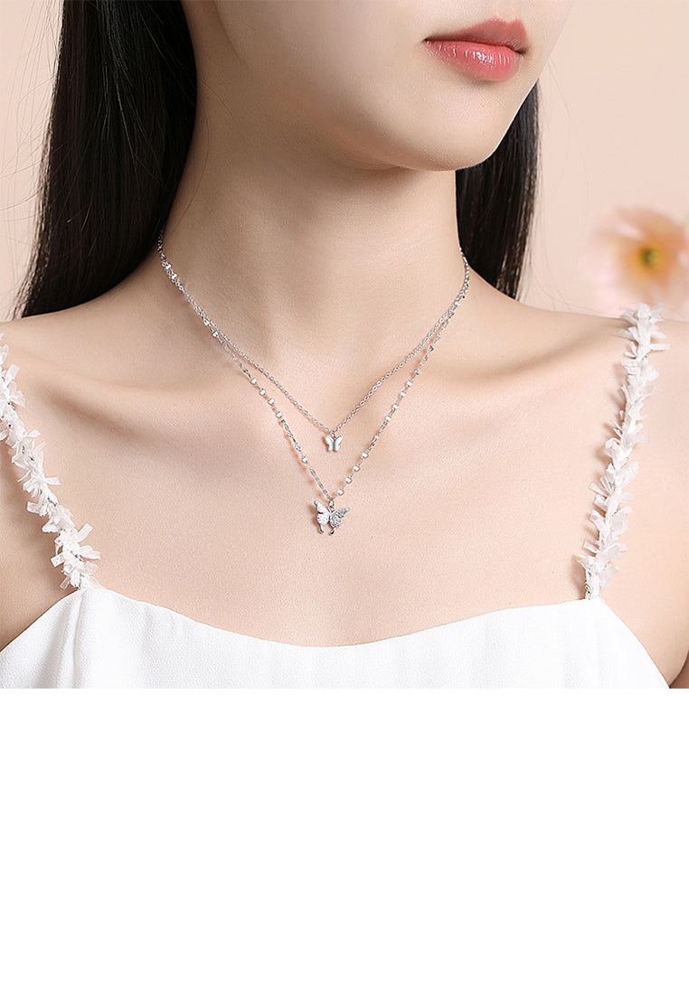 925 Sterling Silver Fashion Butterfly Pendant with Cubic Zirconia and Double Layer Necklace - Luxurious Look