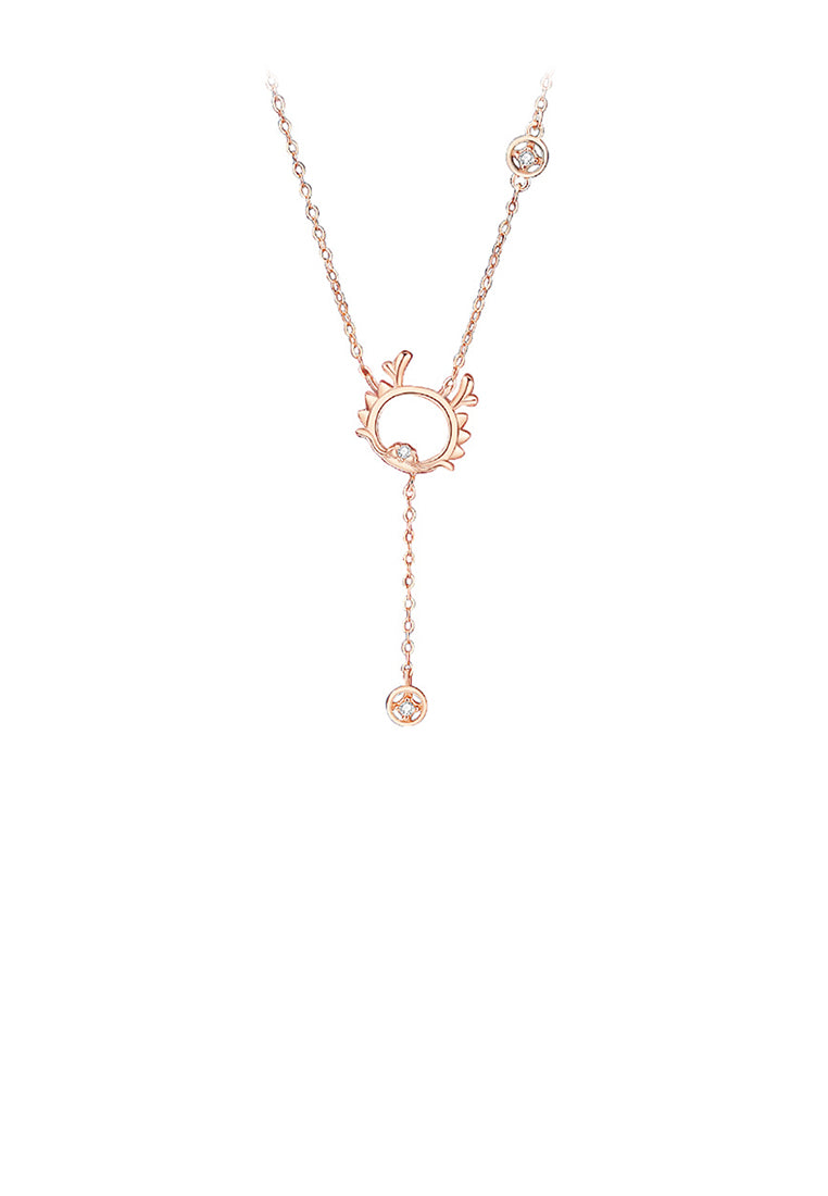 925 Sterling Silver Plated Rose Gold Fashion and Cute Hollow Dragon Tassel Coin Pendant with Cubic Zirconia and Necklace - Luxurious Look