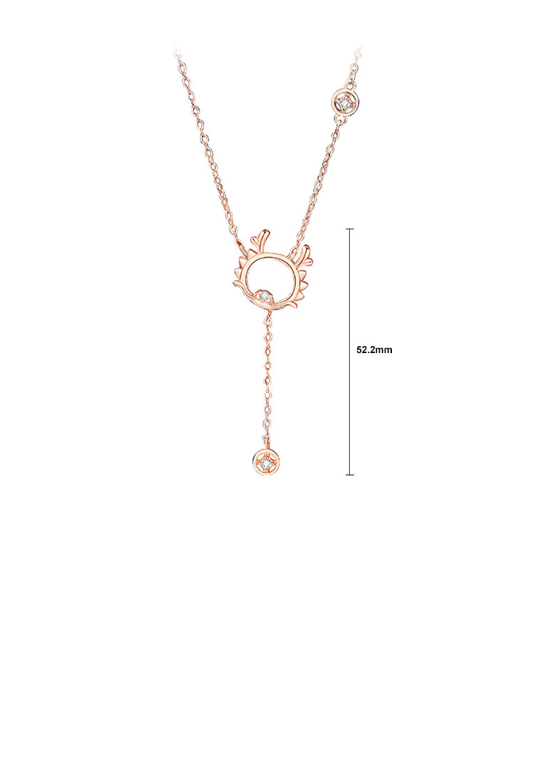925 Sterling Silver Plated Rose Gold Fashion and Cute Hollow Dragon Tassel Coin Pendant with Cubic Zirconia and Necklace - Luxurious Look