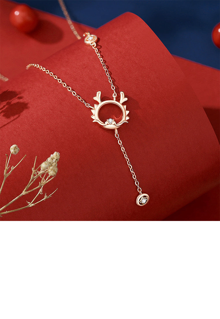 925 Sterling Silver Plated Rose Gold Fashion and Cute Hollow Dragon Tassel Coin Pendant with Cubic Zirconia and Necklace - Luxurious Look