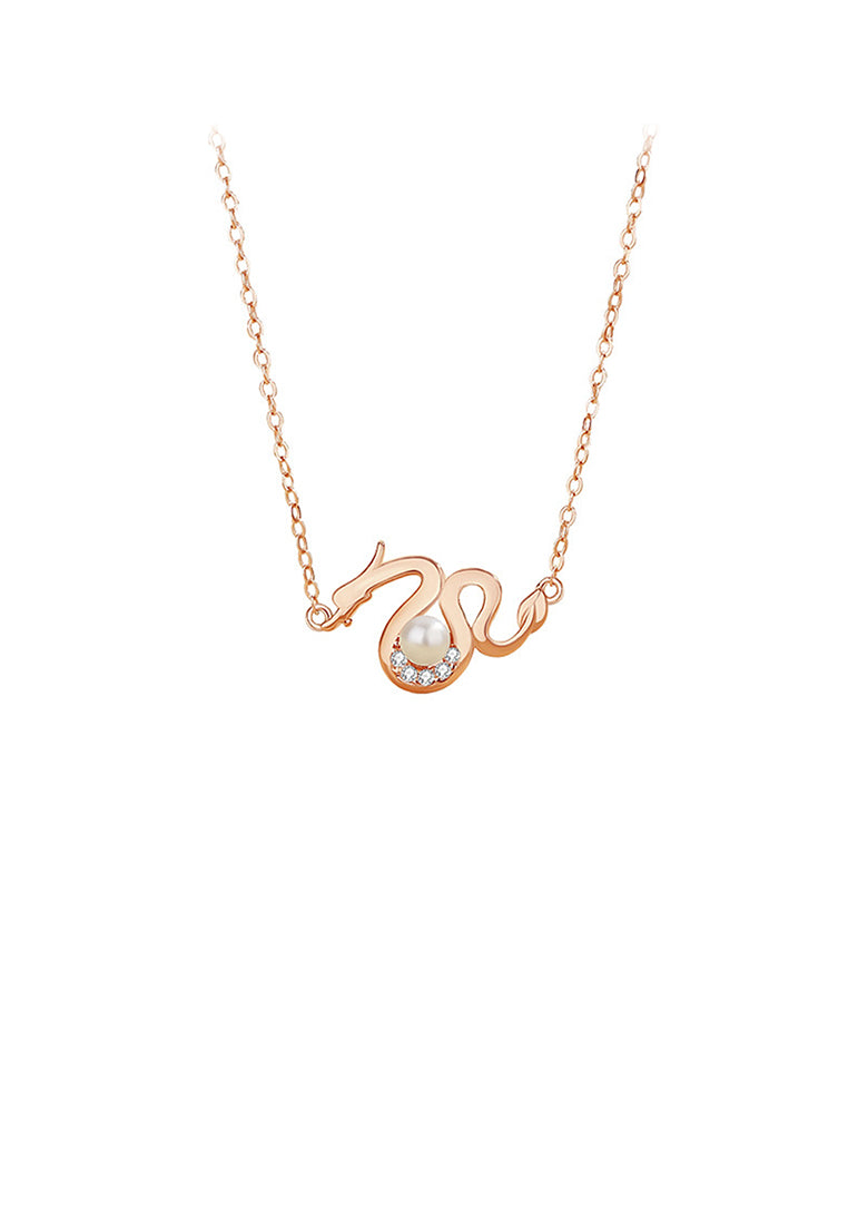 925 Sterling Silver Plated Rose Gold Fashion Chinese Zodiac Dragon Imitation Pearl Pendant with Cubic Zirconia and Necklace - Luxurious Look