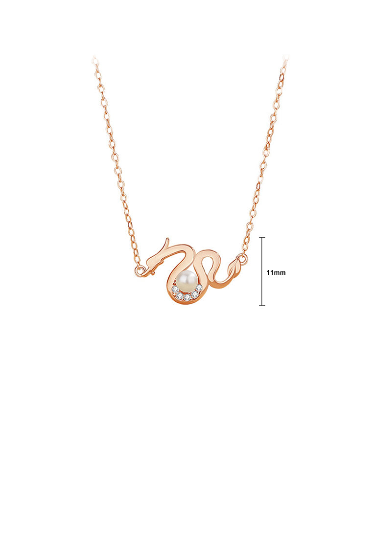 925 Sterling Silver Plated Rose Gold Fashion Chinese Zodiac Dragon Imitation Pearl Pendant with Cubic Zirconia and Necklace - Luxurious Look