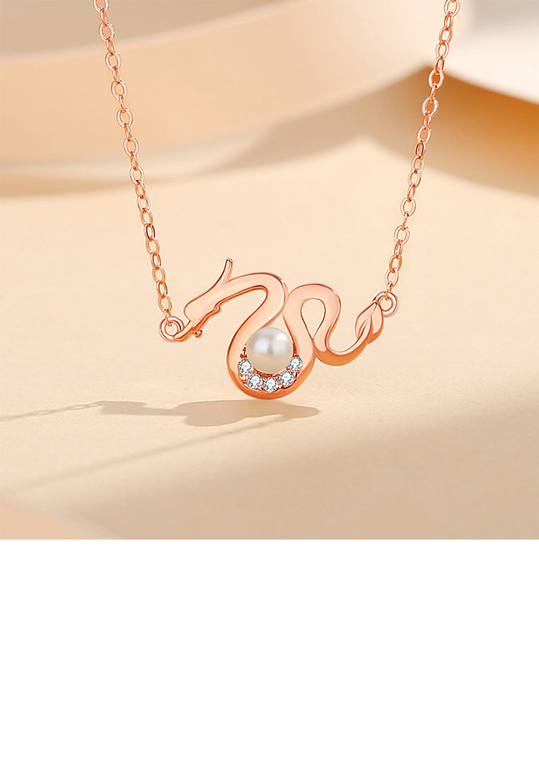 925 Sterling Silver Plated Rose Gold Fashion Chinese Zodiac Dragon Imitation Pearl Pendant with Cubic Zirconia and Necklace - Luxurious Look