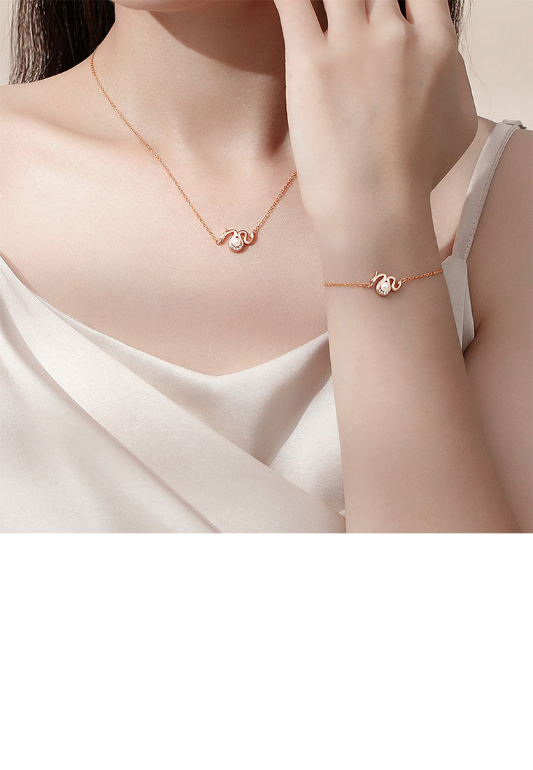 925 Sterling Silver Plated Rose Gold Fashion Chinese Zodiac Dragon Imitation Pearl Pendant with Cubic Zirconia and Necklace - Luxurious Look