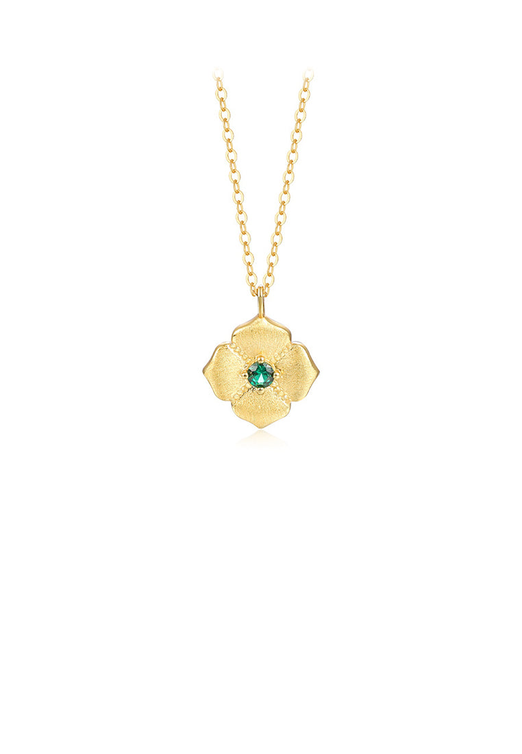 925 Sterling Silver Plated Gold Fashion Simple Flower Pendant with Green Cubic Zirconia and Necklace - Luxurious Look