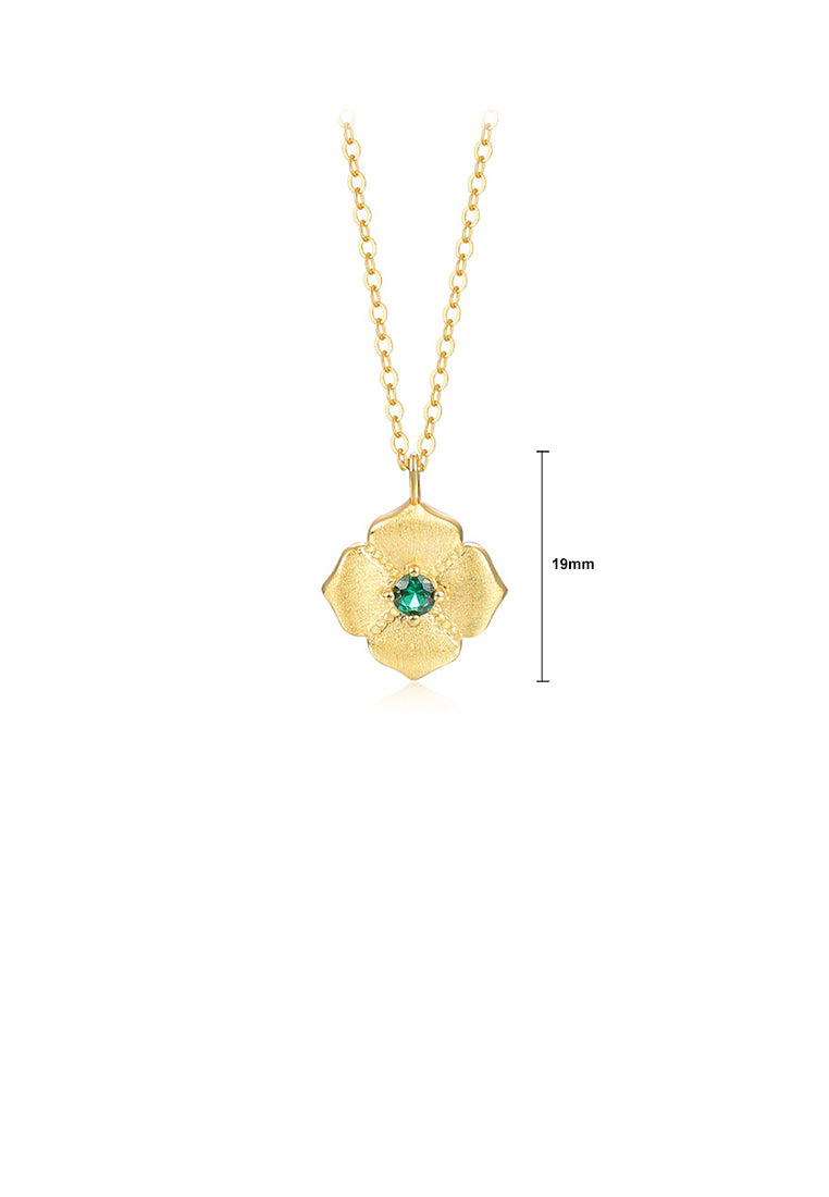 925 Sterling Silver Plated Gold Fashion Simple Flower Pendant with Green Cubic Zirconia and Necklace - Luxurious Look
