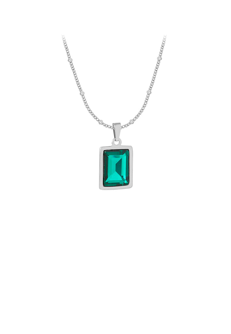 Simple and Fashion 316L Stainless Steel Geometric Square Pendant with Green Cubic Zirconia and Necklace - Luxurious Look
