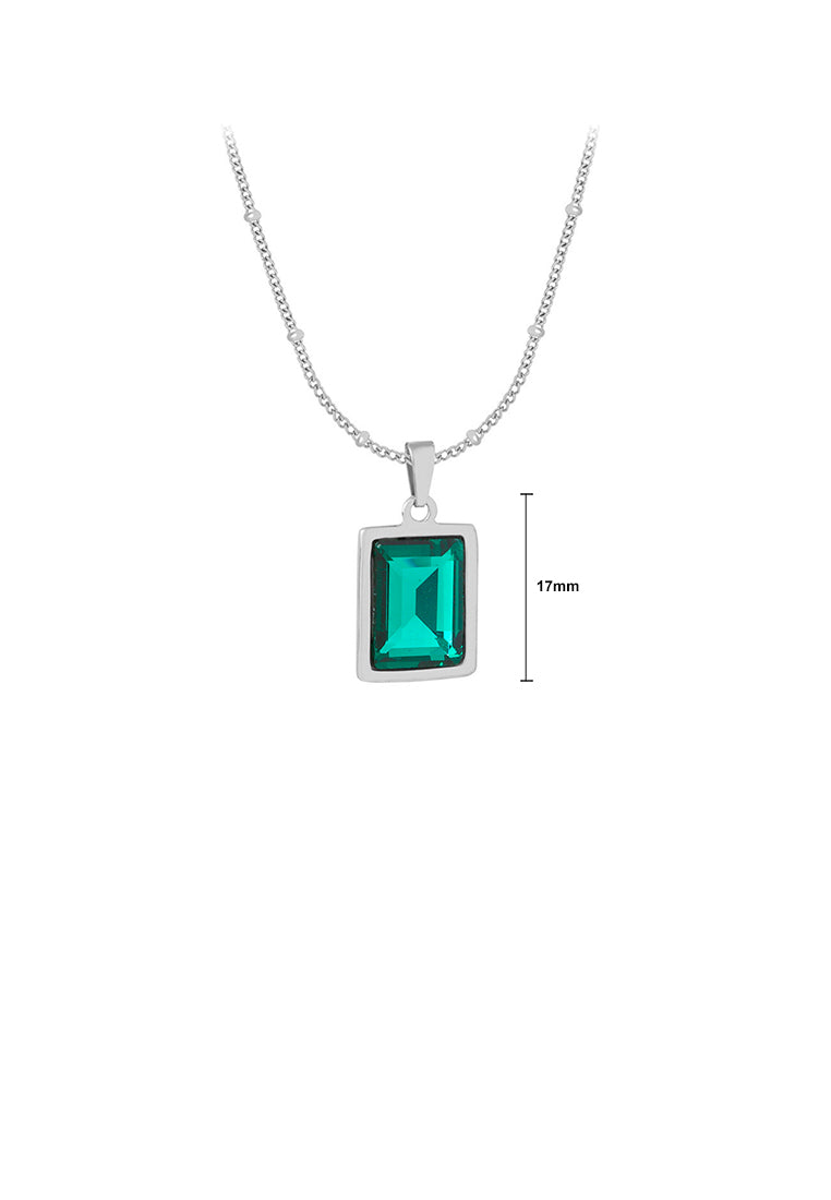 Simple and Fashion 316L Stainless Steel Geometric Square Pendant with Green Cubic Zirconia and Necklace - Luxurious Look