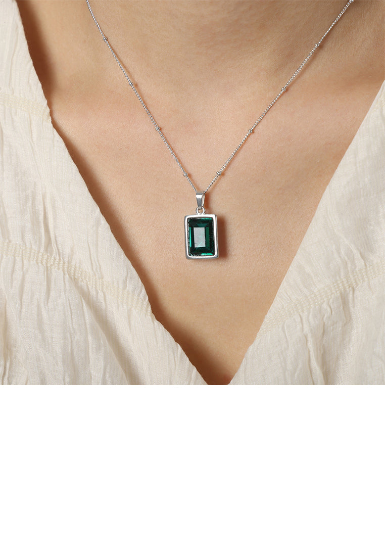 Simple and Fashion 316L Stainless Steel Geometric Square Pendant with Green Cubic Zirconia and Necklace - Luxurious Look