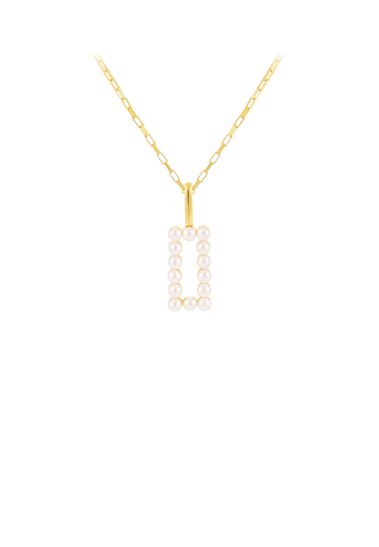 925 Sterling Silver Plated Gold Simple and Elegant Hollow Geometric Rectangular Pendant with Imitation Pearls and Necklace