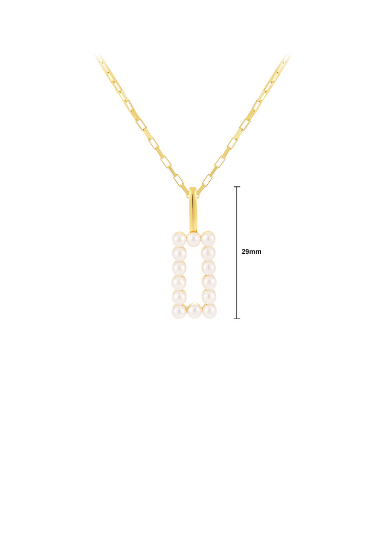 925 Sterling Silver Plated Gold Simple and Elegant Hollow Geometric Rectangular Pendant with Imitation Pearls and Necklace