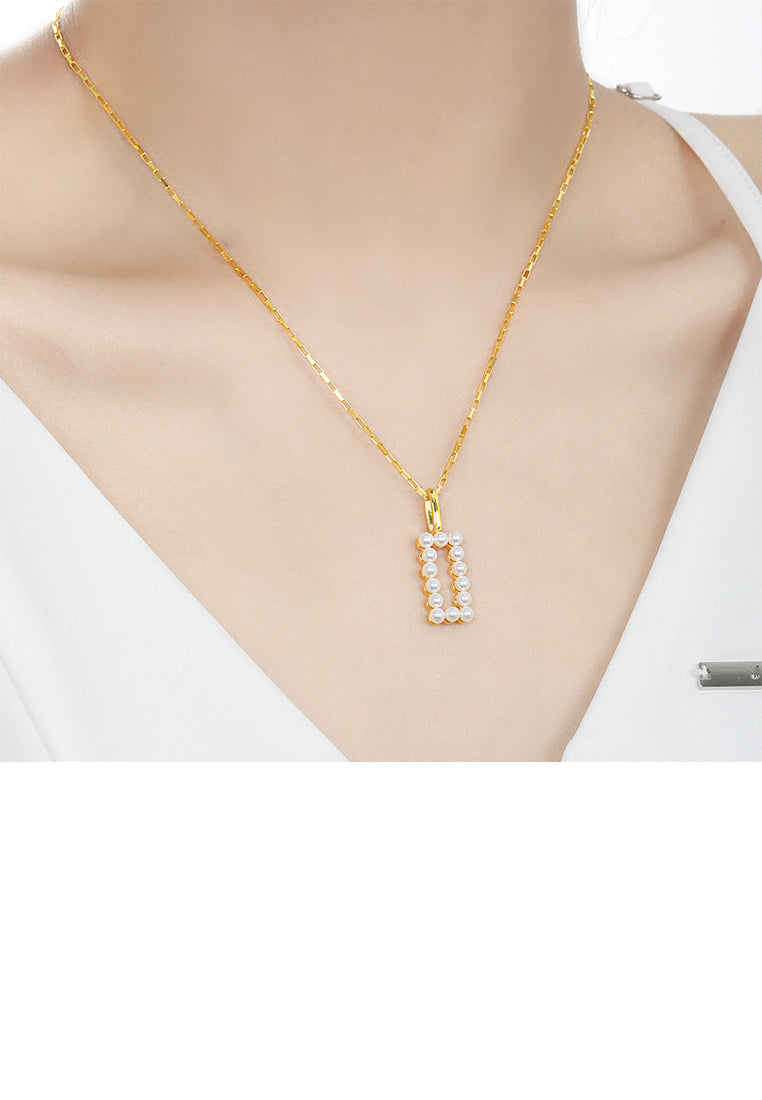925 Sterling Silver Plated Gold Simple and Elegant Hollow Geometric Rectangular Pendant with Imitation Pearls and Necklace