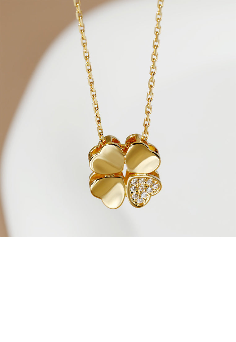 925 Sterling Silver Plated Gold Fashion and Simple Four-leafed Clover Pendant with Cubic Zirconia and Necklace - Luxurious Look