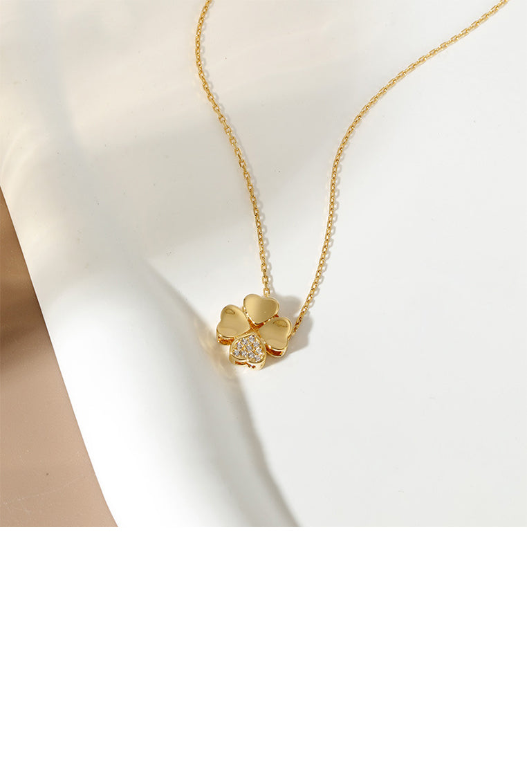 925 Sterling Silver Plated Gold Fashion and Simple Four-leafed Clover Pendant with Cubic Zirconia and Necklace - Luxurious Look