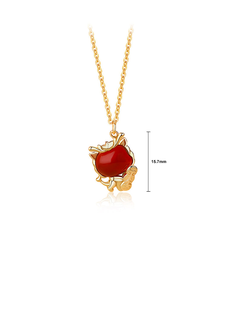 925 Sterling Silver Plated Gold Simple Vintage Zodiac Dragon Pendant with Imitation Agate and Necklace