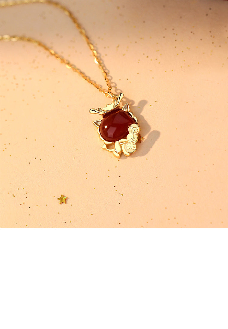 925 Sterling Silver Plated Gold Simple Vintage Zodiac Dragon Pendant with Imitation Agate and Necklace