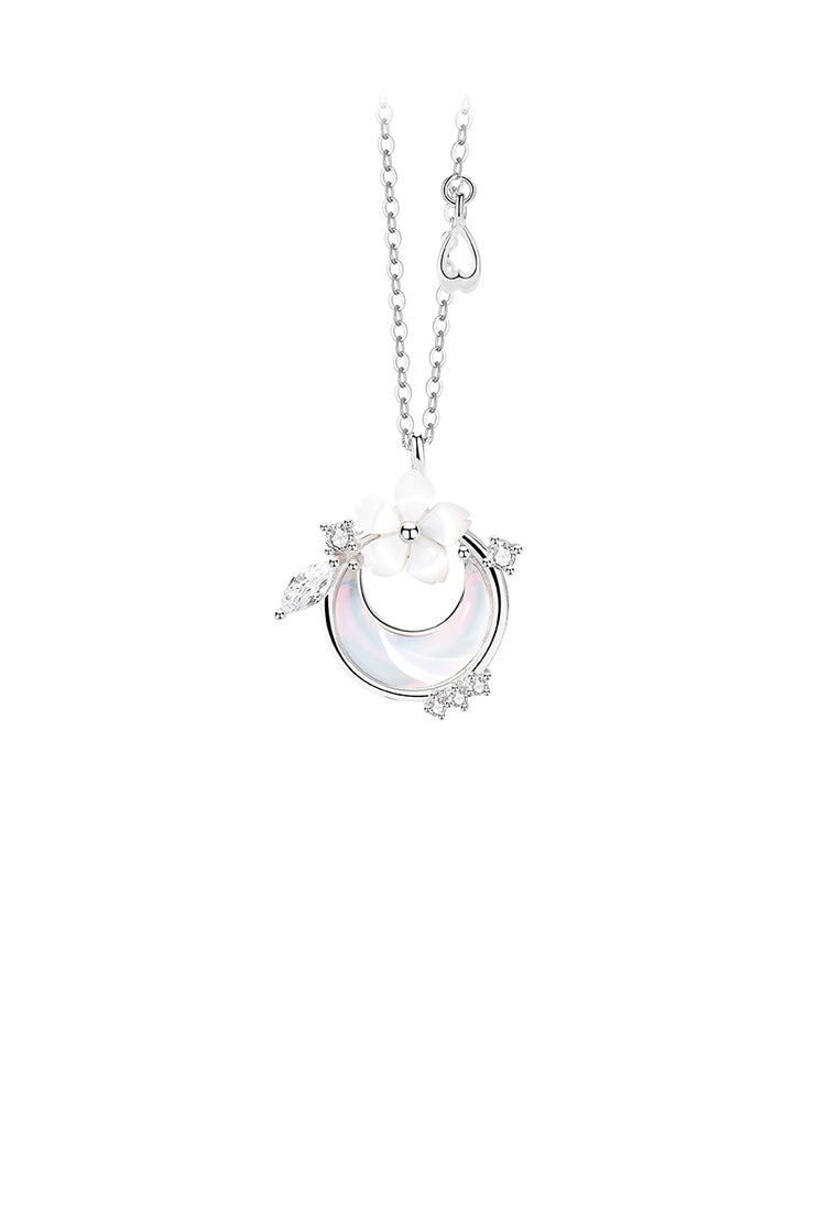 925 Sterling Silver Fashion Simple Flower Moon Shell Pendant with Cubic Zirconia and Necklace - Luxurious Look