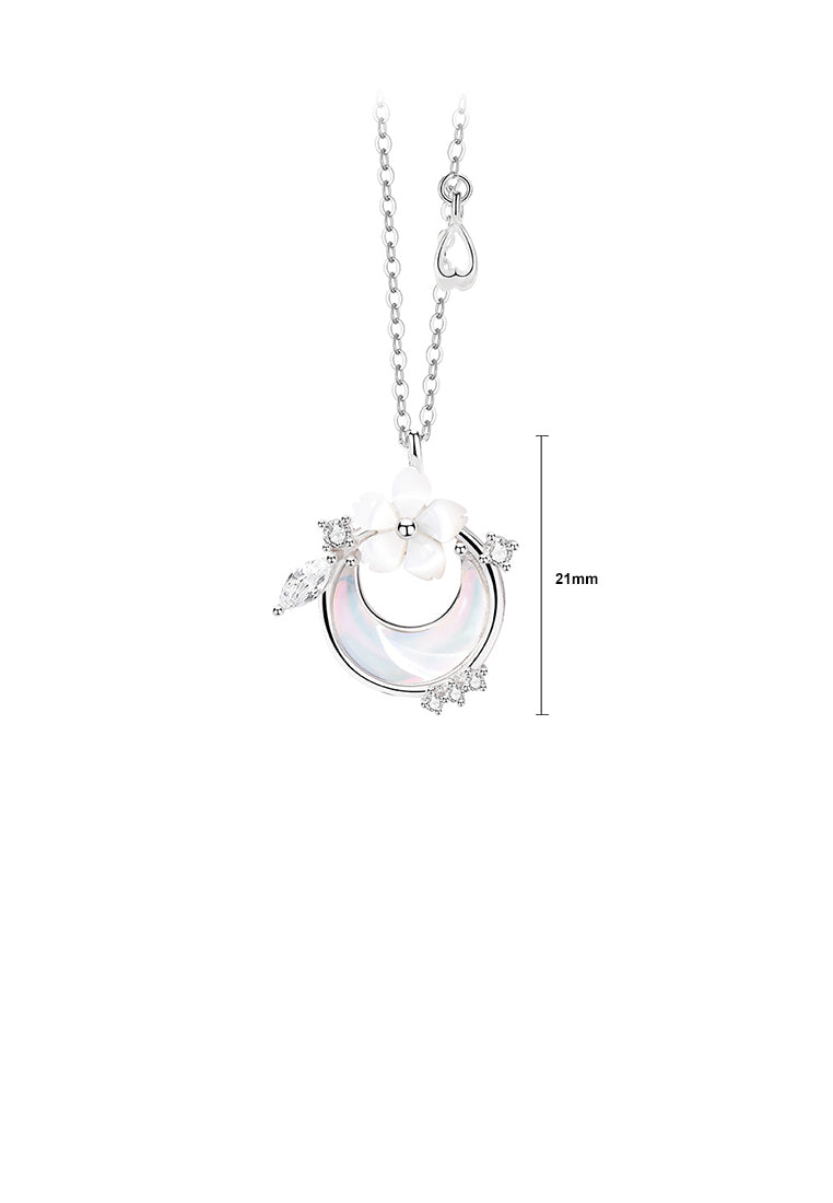 925 Sterling Silver Fashion Simple Flower Moon Shell Pendant with Cubic Zirconia and Necklace - Luxurious Look