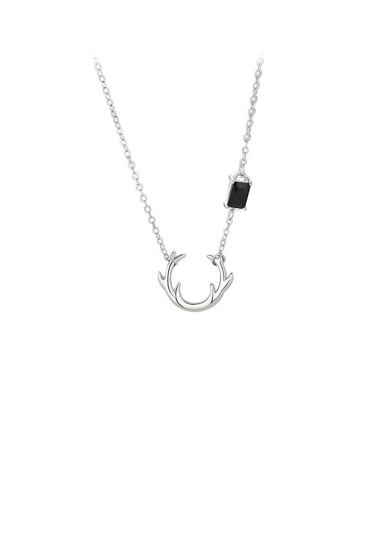 925 Sterling Silver Simple Cute Antler Pendant with Black Cubic Zirconia and Necklace - Luxurious Look
