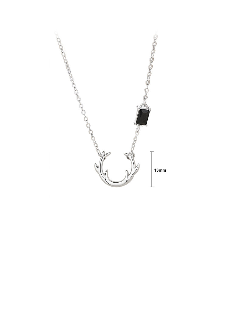 925 Sterling Silver Simple Cute Antler Pendant with Black Cubic Zirconia and Necklace - Luxurious Look