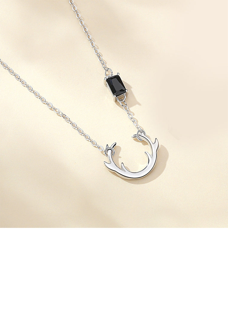 925 Sterling Silver Simple Cute Antler Pendant with Black Cubic Zirconia and Necklace - Luxurious Look
