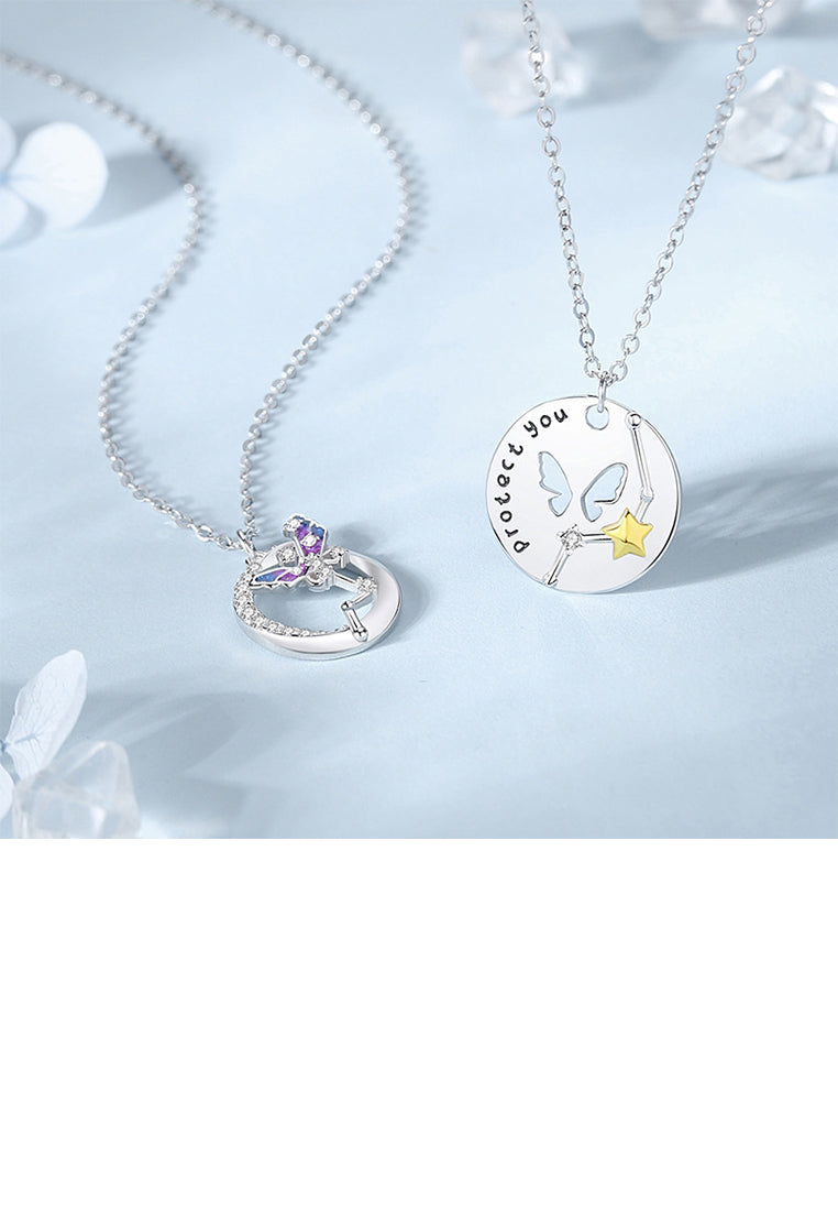 925 Sterling Silver Fashion and Elegant Butterfly Geometric Circle Pendant with Cubic Zirconia and Necklace - Luxurious Look