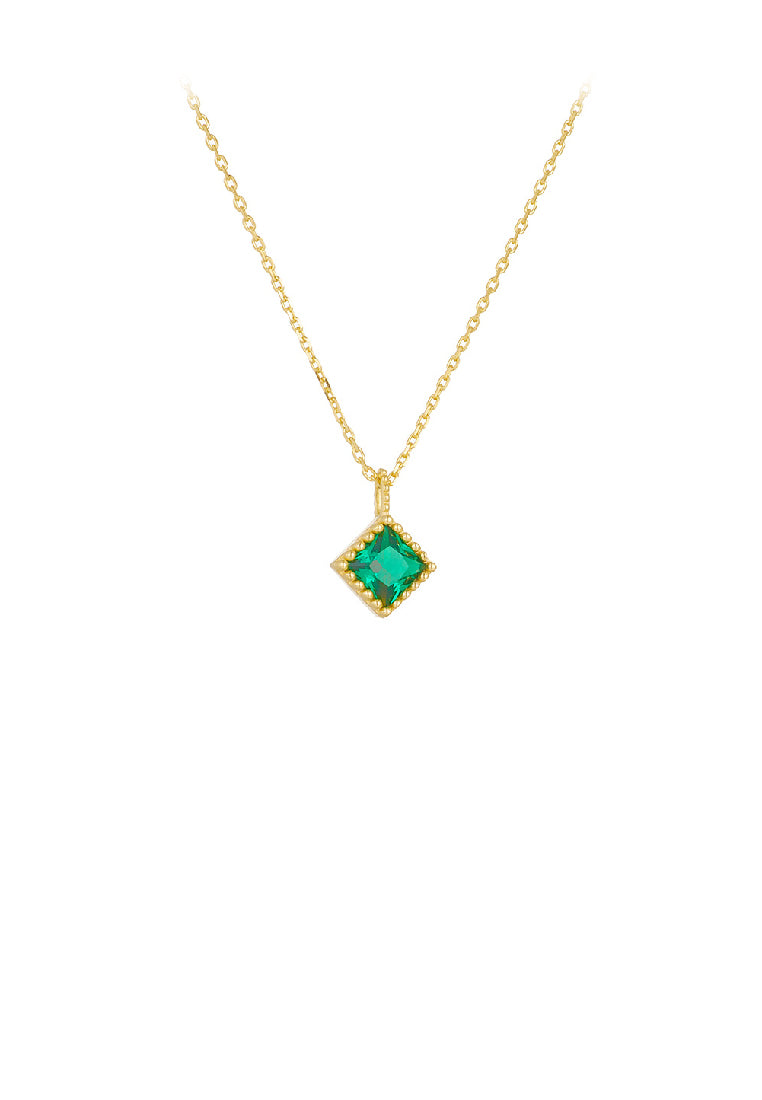 925 Sterling Silver Plated Gold Simple Fashion Geometric Cube Pendant with Green Cubic Zirconia and Necklace - Luxurious Look