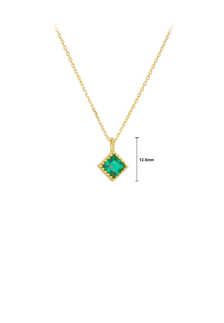 925 Sterling Silver Plated Gold Simple Fashion Geometric Cube Pendant with Green Cubic Zirconia and Necklace - Luxurious Look