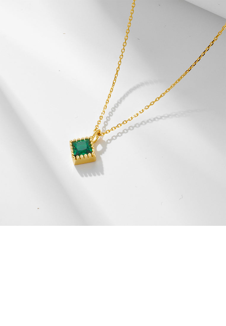925 Sterling Silver Plated Gold Simple Fashion Geometric Cube Pendant with Green Cubic Zirconia and Necklace - Luxurious Look