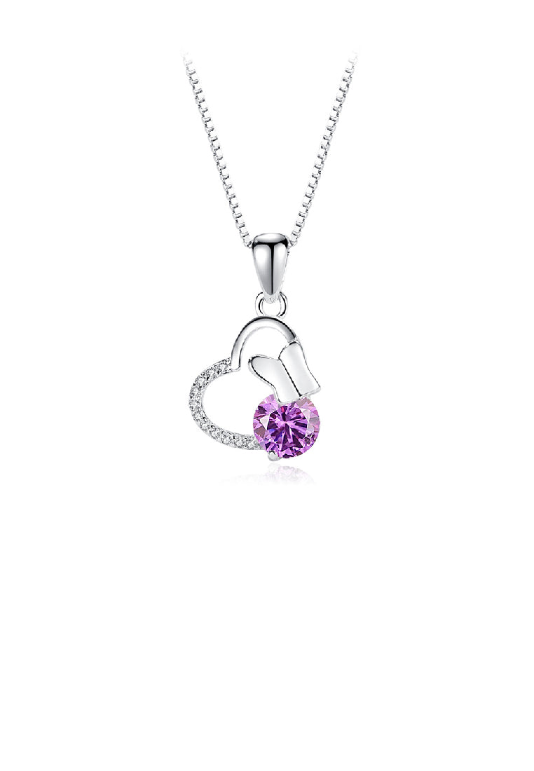 925 Sterling Silver Fashion Elegant Butterfly Hollow Heart Pendant with Purple Cubic Zirconia and Necklace - Luxurious Look