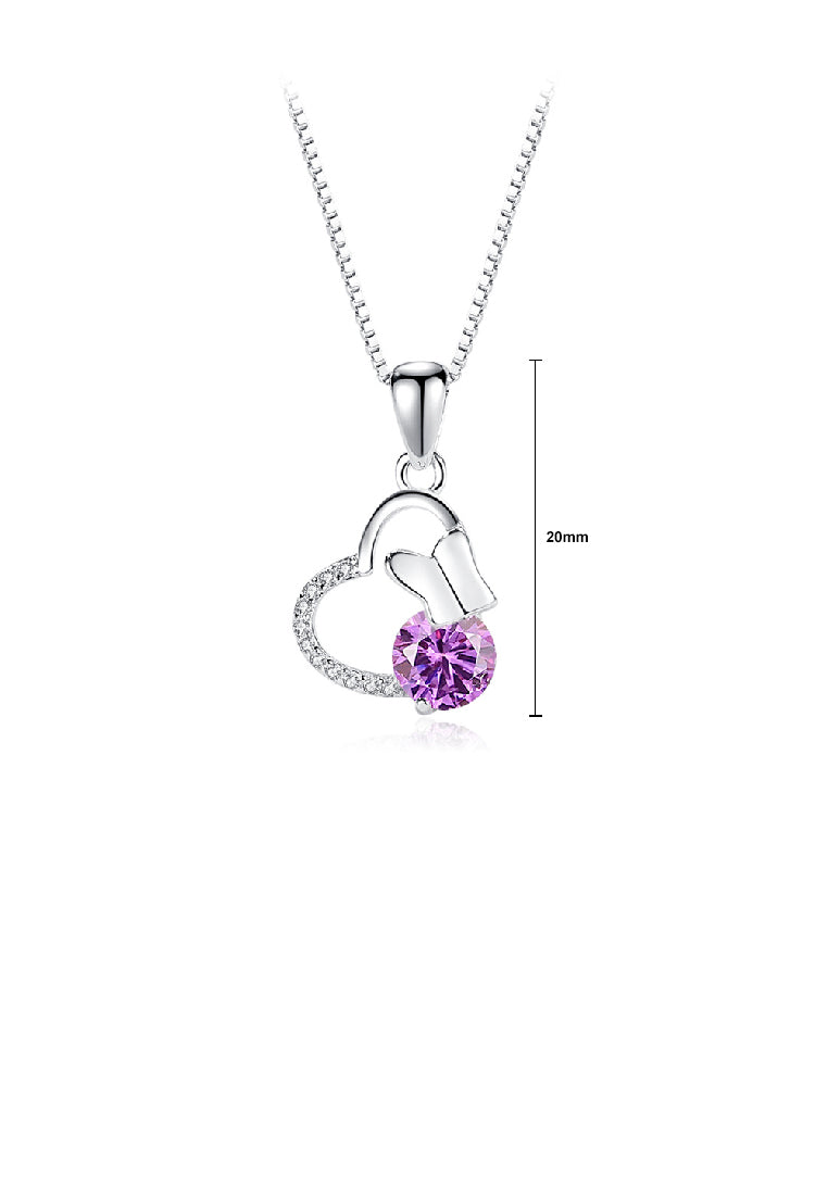 925 Sterling Silver Fashion Elegant Butterfly Hollow Heart Pendant with Purple Cubic Zirconia and Necklace - Luxurious Look