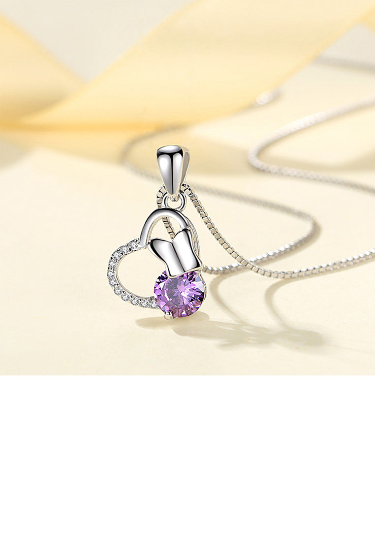 925 Sterling Silver Fashion Elegant Butterfly Hollow Heart Pendant with Purple Cubic Zirconia and Necklace - Luxurious Look