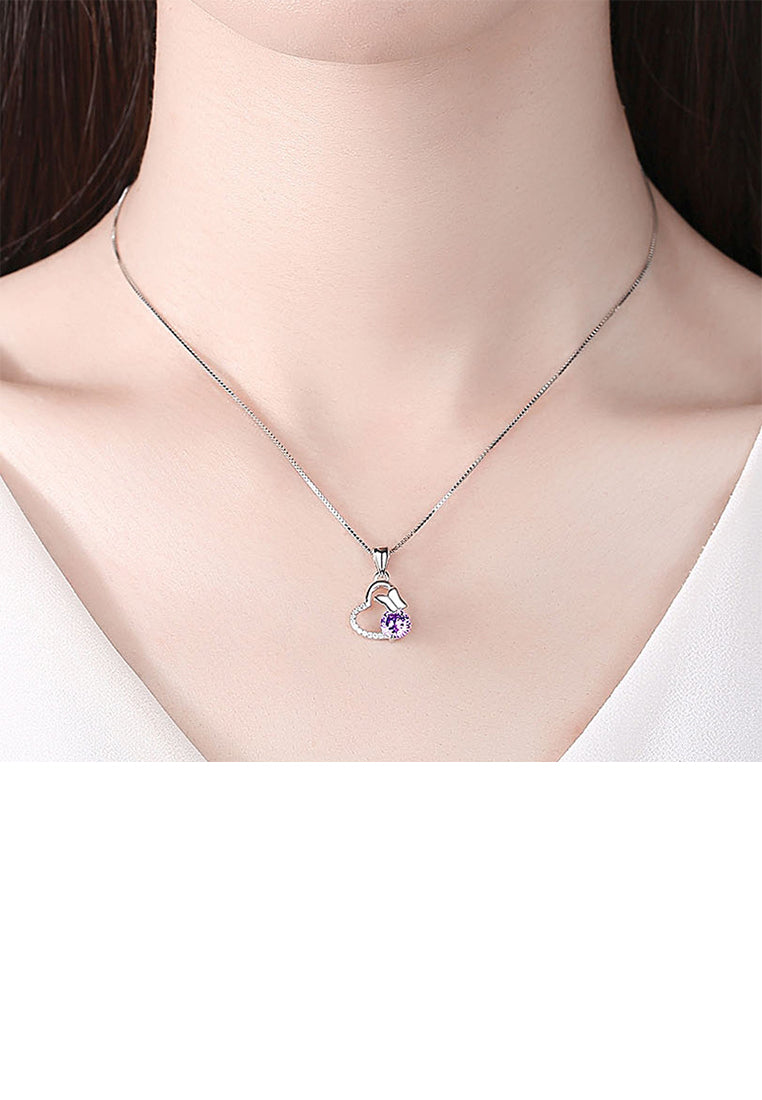 925 Sterling Silver Fashion Elegant Butterfly Hollow Heart Pendant with Purple Cubic Zirconia and Necklace - Luxurious Look
