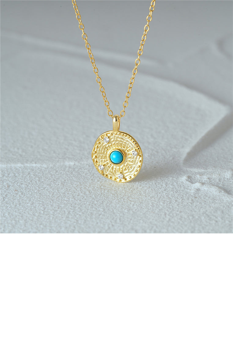 925 Sterling Silver Plated Gold Fashion Sun Pattern Geometric Pendant with Cubic Zirconia and Necklace - Luxurious Look