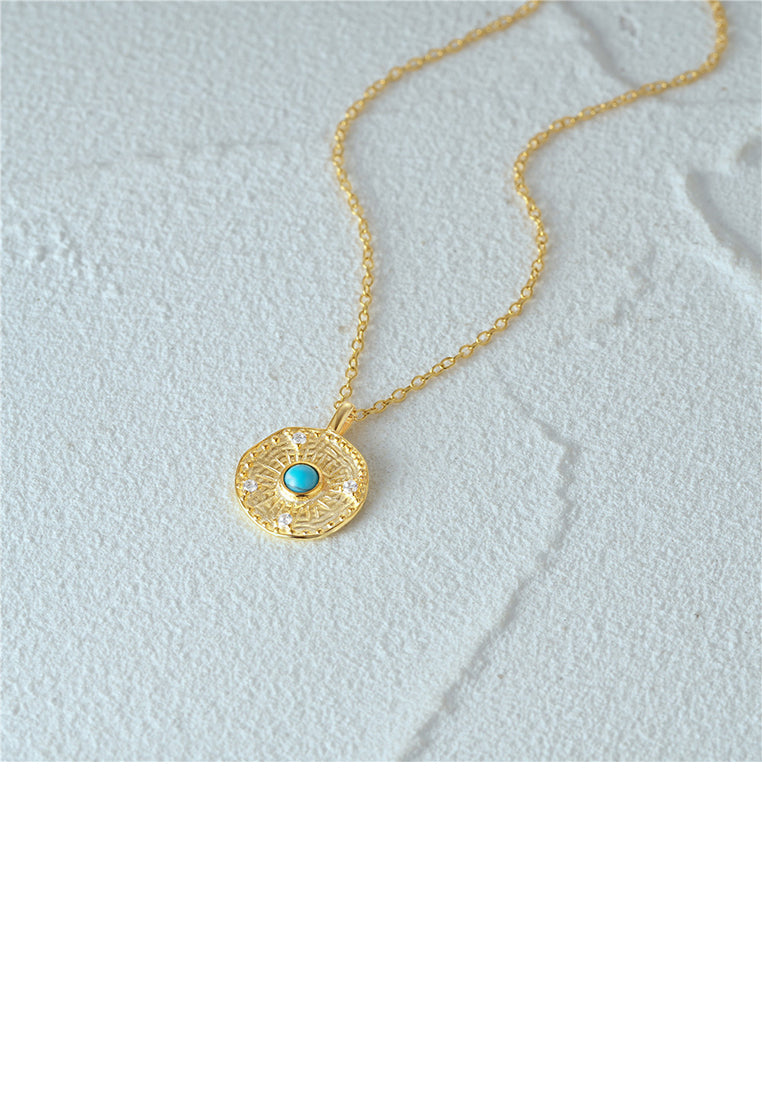 925 Sterling Silver Plated Gold Fashion Sun Pattern Geometric Pendant with Cubic Zirconia and Necklace - Luxurious Look