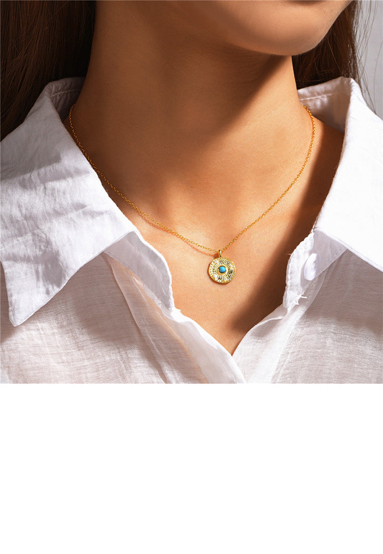 925 Sterling Silver Plated Gold Fashion Sun Pattern Geometric Pendant with Cubic Zirconia and Necklace - Luxurious Look