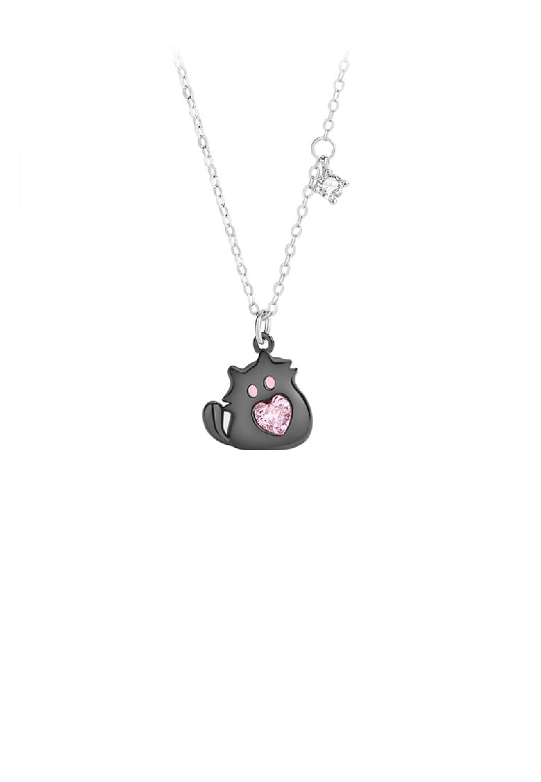 925 Sterling Silver Simple and Cute Black Cat Pendant with Pink Cubic Zirconia and Necklace - Luxurious Look - Vibrant Color