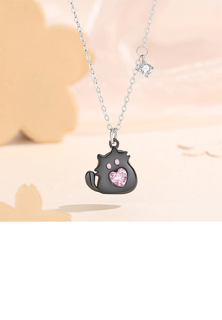 925 Sterling Silver Simple and Cute Black Cat Pendant with Pink Cubic Zirconia and Necklace - Luxurious Look - Vibrant Color