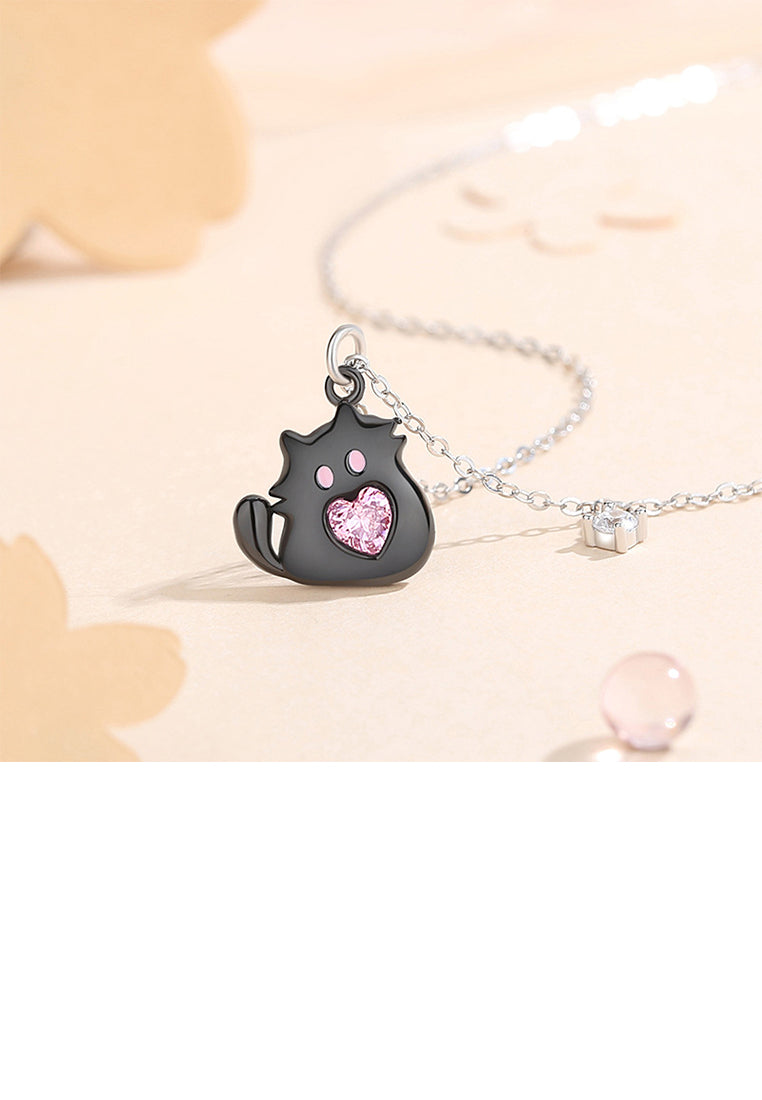 925 Sterling Silver Simple and Cute Black Cat Pendant with Pink Cubic Zirconia and Necklace - Luxurious Look - Vibrant Color