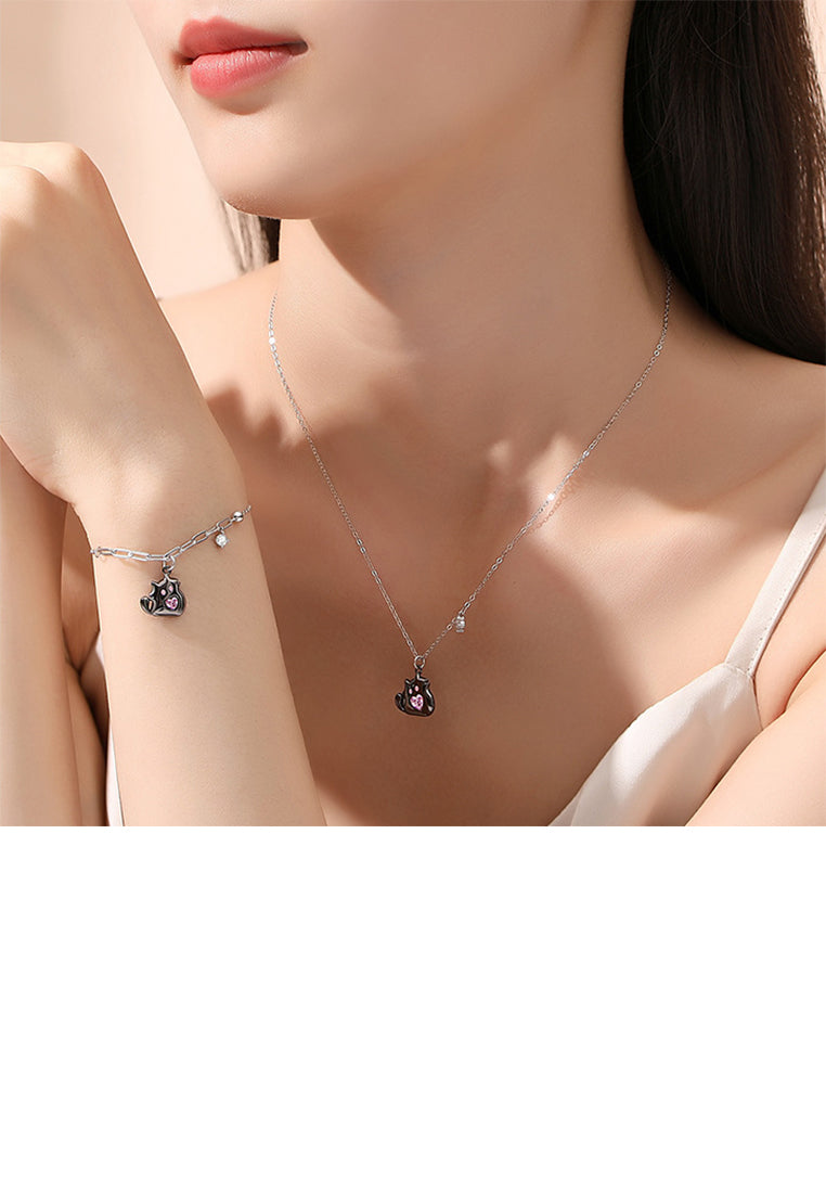 925 Sterling Silver Simple and Cute Black Cat Pendant with Pink Cubic Zirconia and Necklace - Luxurious Look - Vibrant Color
