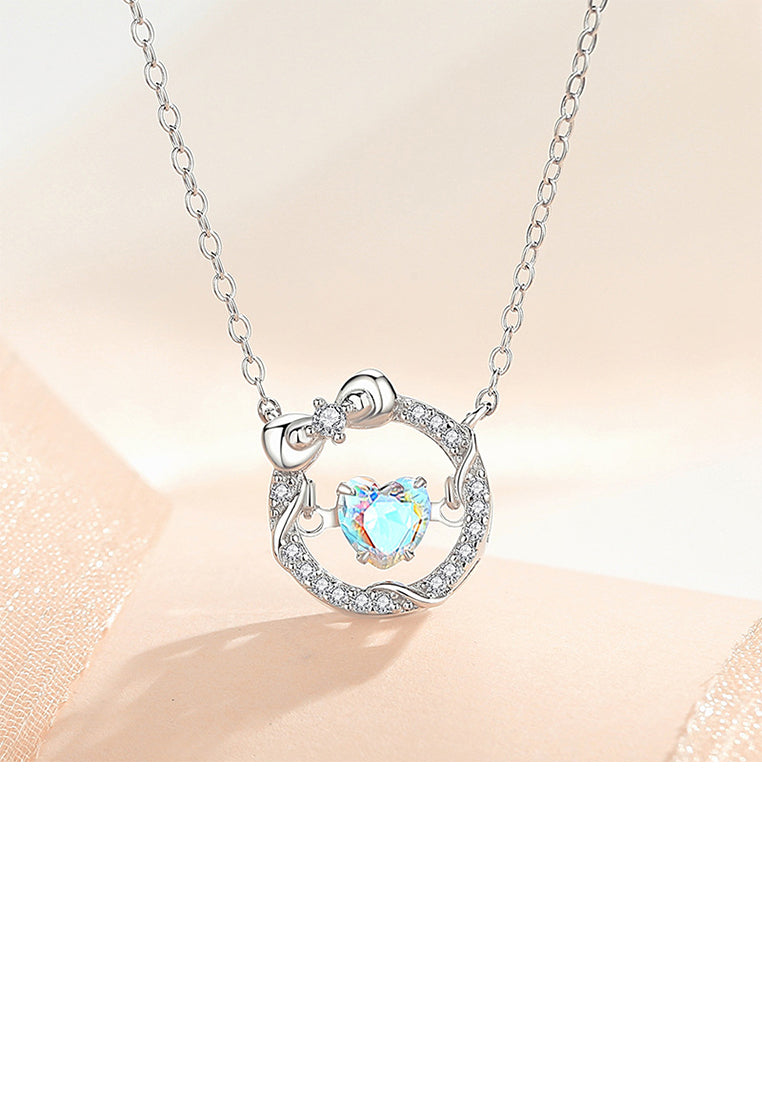 925 Sterling Silver Fashion Simple Ribbon Heart Shape Hollow Pendant with Cubic Zirconia and Necklace - Luxurious Look