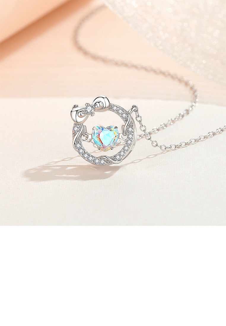 925 Sterling Silver Fashion Simple Ribbon Heart Shape Hollow Pendant with Cubic Zirconia and Necklace - Luxurious Look