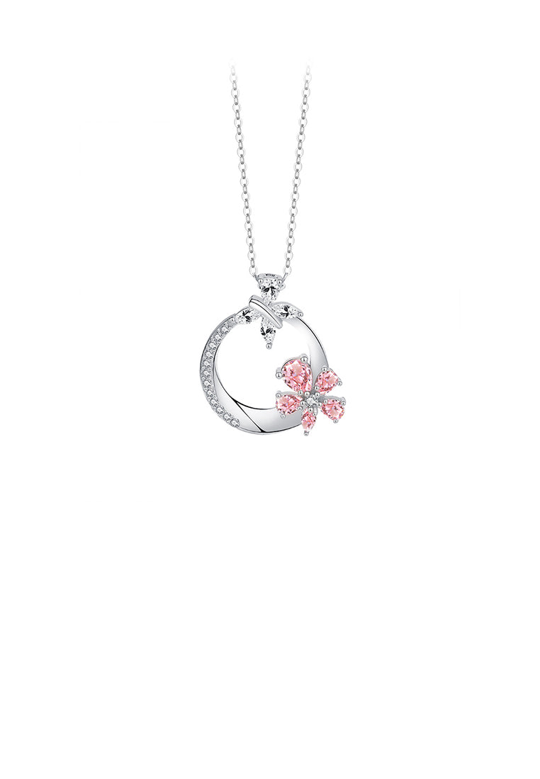 925 Sterling Silver Fashion and Elegant Cherry Blossom Circle Pendant with Cubic Zirconia and Necklace - Luxurious Look