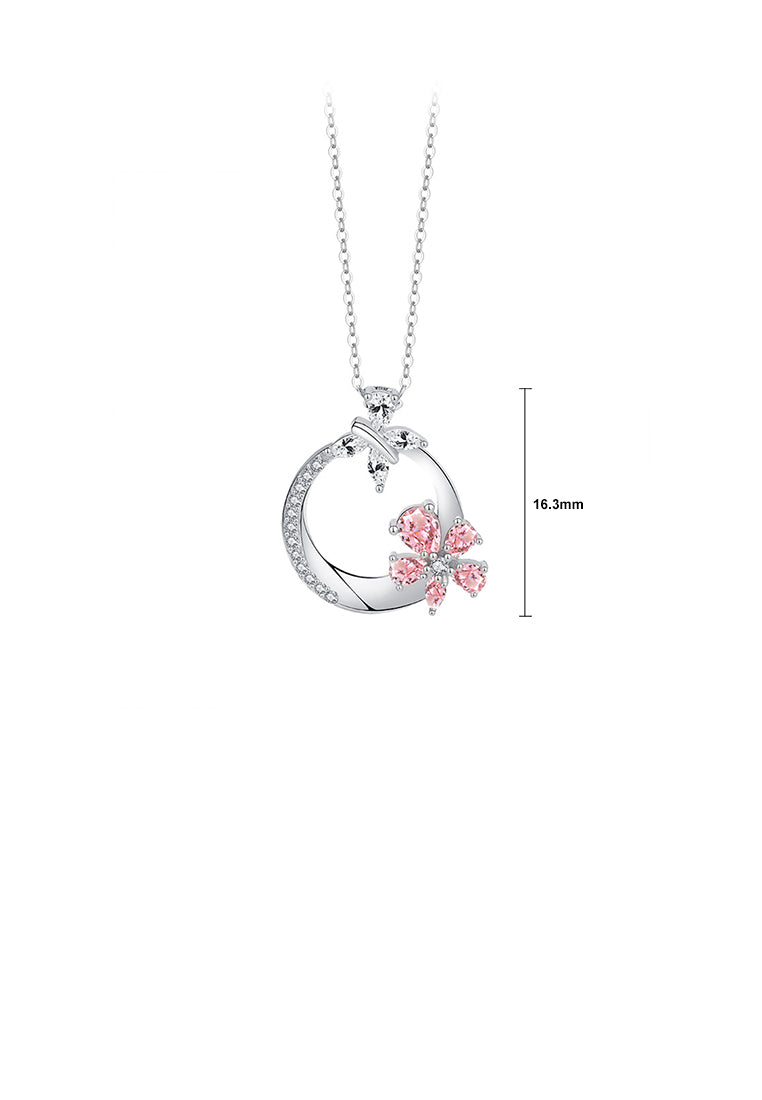 925 Sterling Silver Fashion and Elegant Cherry Blossom Circle Pendant with Cubic Zirconia and Necklace - Luxurious Look